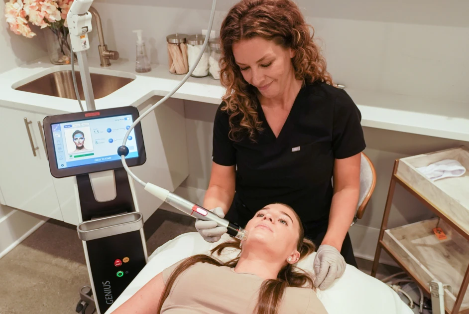 Image of a Genius RF microneedling session at Liv Aesthetics LLC in Thornwood, NY. A professional uses a specialized handheld device on a client’s cheek, illustrating a treatment aimed at tightening skin, reducing wrinkles, and improving overall texture.